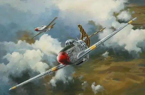 구름 사이로 급선회하는 P-51 무스탕 전투기를 그린 유화