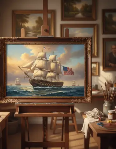 アメリカ国旗を掲げ、全帆で航行するUSSコンスティテューションのフリゲート艦の油絵