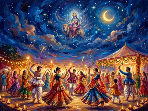 夜空の下、ライオンに乗る女神を見上げながら踊るナヴァラートリのダンサーを描いた油彩画