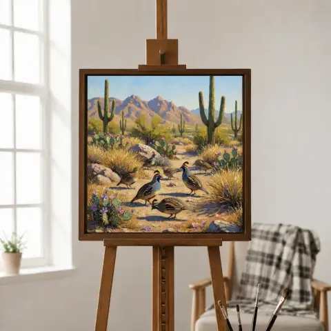 Framed painting of Gambel's quail in the desert hung on a wall