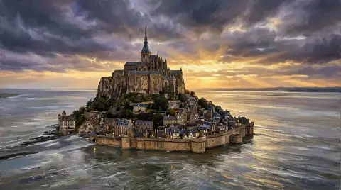 金色の夕空の下、満潮時に浮かぶモンサンミッシェルの島の修道院の油絵