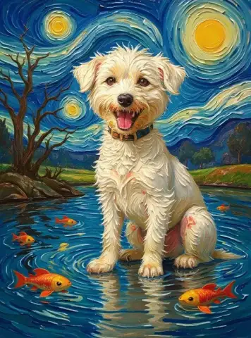 ゴッホスタイルの反射する池のそばにいる穏やかなグレートデーン