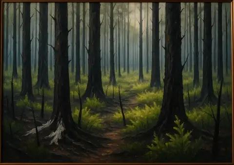 Öljymaalaus hiiltyneistä metsän puunrungoista ja kirkkaanvihreistä saniaisista metsänpohjalla