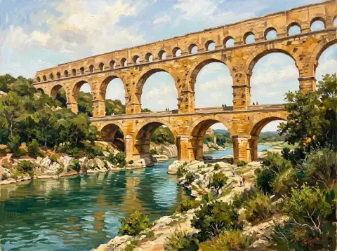ポン・デュ・ガールの石造りの水道橋が川にかかる油絵