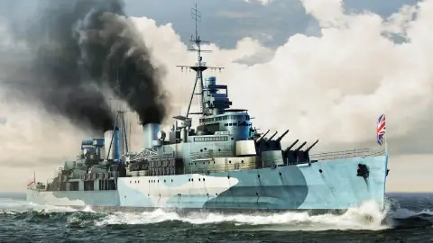 青い迷彩を施したイギリス海軍戦艦が海を進む油絵