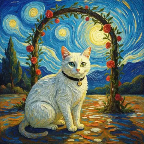 Кот, вдохновленный Ван Гогом, под розовой аркой