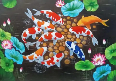 Картина маслом: рыбы кои среди камней и цветов лотоса на темной воде