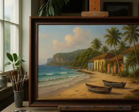 Oil painting of a Caribbean beach with coconut palms, wooden fishing boats and colorful coastal houses
