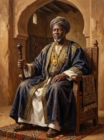 لوحة زيتية لأسكيا محمد أمبراطور سنغاي جالساً على عرش مرتدياً ثياباً نيليّة وذهبية، ممسكاً بعصا احتفالية.