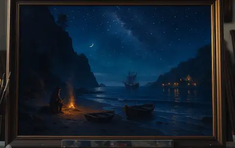 밤에 해변 모닥불, 노 젓는 배, 닻을 내린 배가 있는 별빛 만을 그린 유화.