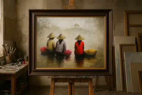 円錐形の帽子をかぶり、花かごを持って船に乗る三人のベトナム人女性の油絵