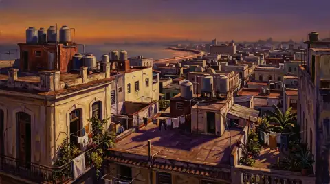 Oil painting of Havana rooftop water tanks and buildings glowing under a dusk sky