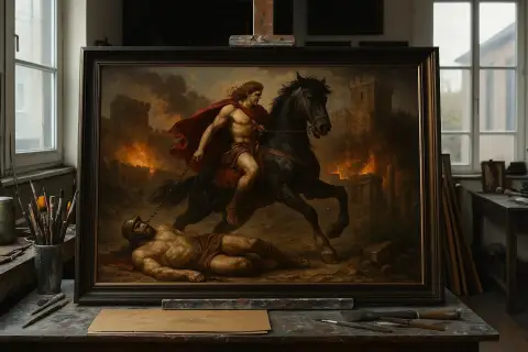 燃えるトロイの城壁の前で、騎乗の戦士が倒れた戦士の遺体を引きずる油絵。