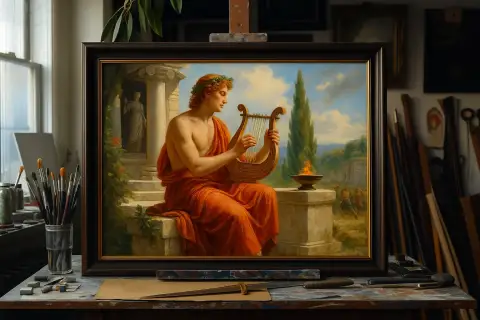 Oil painting of Apollo playing his lyre beside a flame at a temple shrine with cypress trees