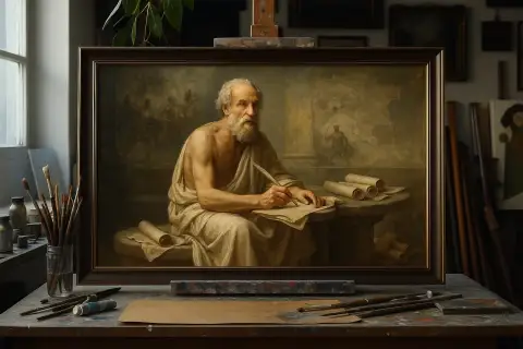 가정 도서관에 걸린 책상에서 글을 쓰는 헤로도토스 그림 액자