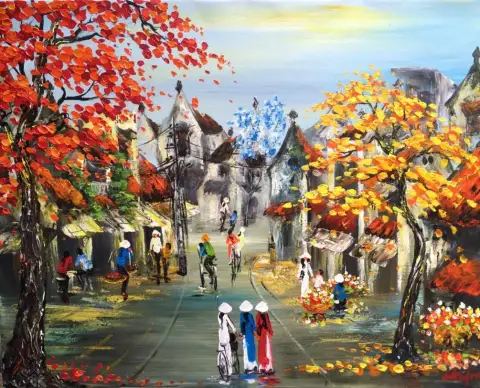アオザイの女性たちが赤と金色の花の木の下を歩くサイゴンの通りの油彩画