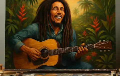 Oljemålning av Bob Marley som ler och spelar akustisk gitarr bland tropisk växtlighet