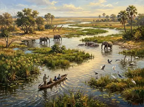 オカバンゴ・デルタの水路に沿ってゾウ、キリン、そしてボートを描いた油絵