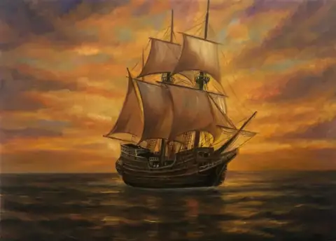 Pintura a óleo de um navio de três mastros cruzando um mar calmo sob um céu de pôr do sol laranja ardente
