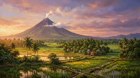 夜明けに緑の田んぼとヤシの木の上にそびえるマヨン山の油絵