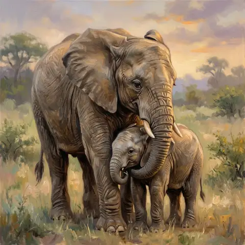 Картина маслом с изображением слонихи, обнимающей хоботом своего детеныша в саванне на закате