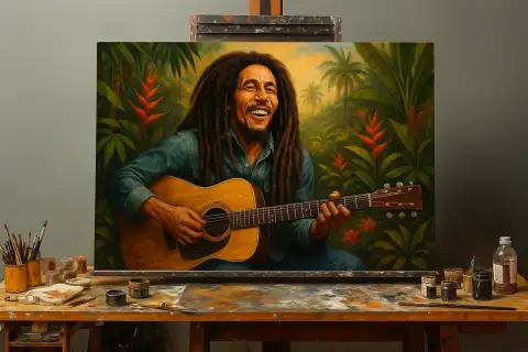 Bob Marley spiller gitar omgitt av tropisk stemning