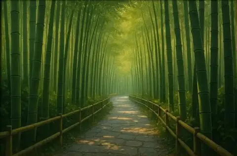 Dipinto ad olio di un sentiero di pietra attraverso un alto bosco di bambù nebbioso con recinzioni di legno su entrambi i lati.