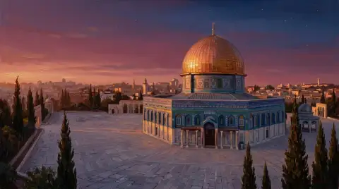 لوحة زيتية للقبة الذهبية لقبة الصخرة فوق جبل الهيكل في القدس عند الغسق