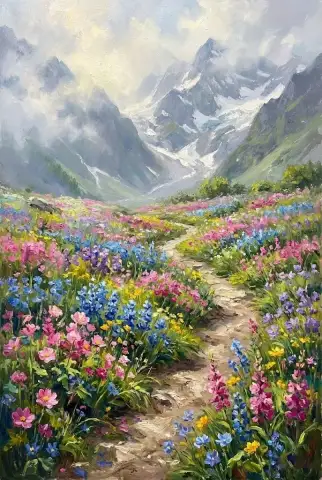 雪を頂いた山々に向かって続く、色とりどりの野花の小道の油絵