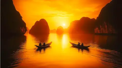 لوحة زيتية لقوارب في خليج ها لونغ تحت صخور كارستية عند غروب الشمس