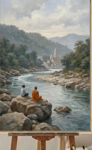 Oil painting of two figures meditating beside a river with a distant temple