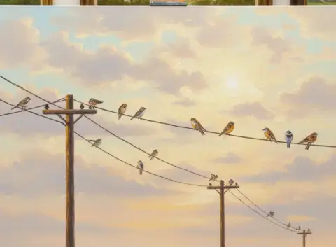 柔らかく輝く夕焼け空を背景に電線に止まる小鳥を描いた油絵