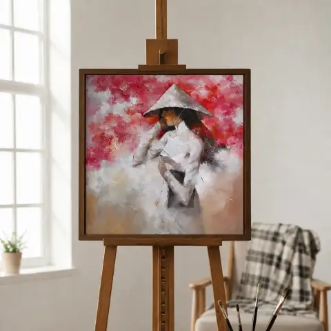 Framed painting of a figure in ao dai among pink blossoms hanging on a bedroom wall