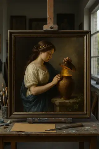 古典的なギリシャの衣装をまとったパンドラが金色の甕の蓋を持ち上げる油絵