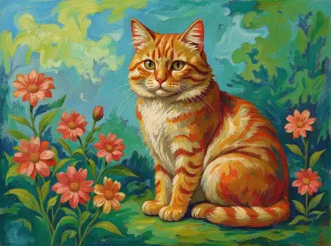 鮮やかな花々の中で穏やかなペルシャ猫