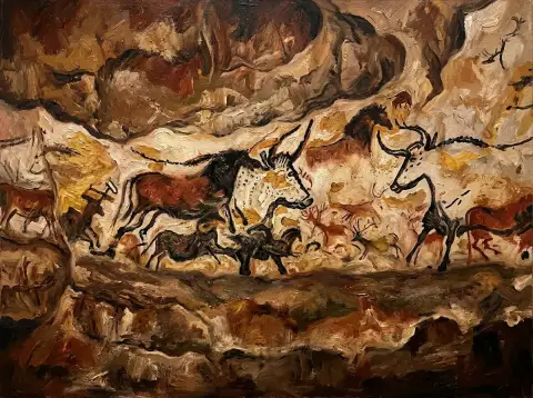 Картина маслом, воспроизводящая доисторические росписи лошадей и быков пещеры Ласко