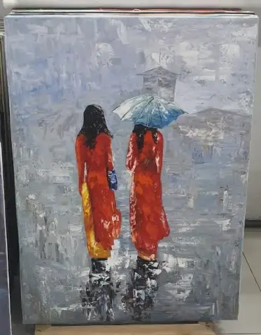 두 베트남 여성이 파란 우산 아래 빨간 아오자이를 입고 함께 걷는 유화
