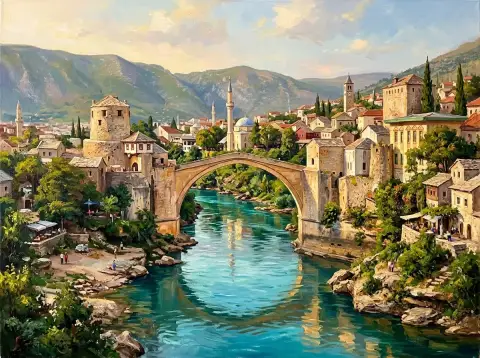 لوحة زيتية للجسر الحجري القديم فوق نهر نيريتفا الفيروزي في موستار