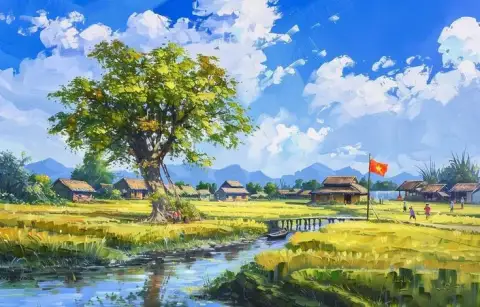 ベトナムの田舎の村の稲作風景