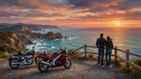 夕日の中で海を見下ろす断崖の端に駐めた2台のオートバイの油絵