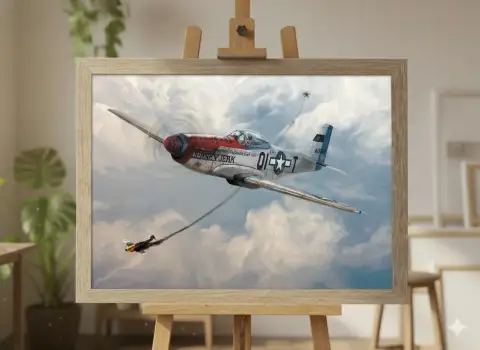 白い雲の上を旋回する銀色のP-51マスタング戦闘機の油絵