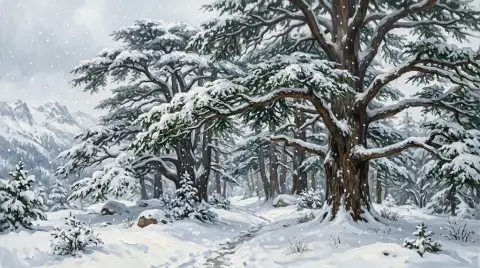 산비탈을 배경으로 눈으로 덮인 고대 레바논 삼나무의 손수 그린 유화