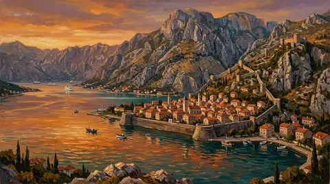 لوحة زيتية لمدينة كوتور المسورة وجبالها عند الغروب في الجبل الأسود