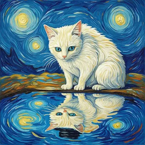 Кот с голубыми глазами, смотрящий на светящееся отражение