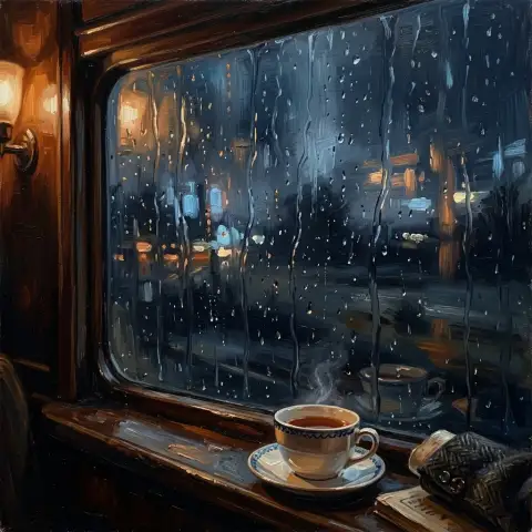夜の雨で縞模様になった列車の窓とテーブルの上のティーカップの油絵
