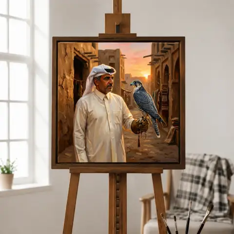 صقر سوق واقف عند شروق الشمس قطر