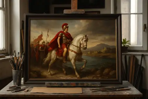 Oil painting of a Roman general on a white horse leading soldiers across the Rubicon river