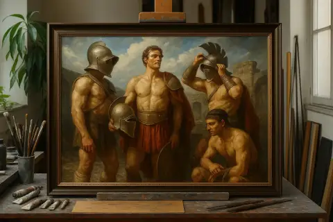 Масляная картина крупным планом: гладиаторы вооружаются перед боем