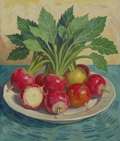 ゴッホによる露のあるラディッシュ: 鮮やかな静物画