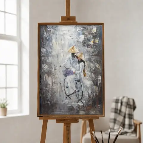 アオザイの女性が自転車に乗る伝統的なベトナムの風景画